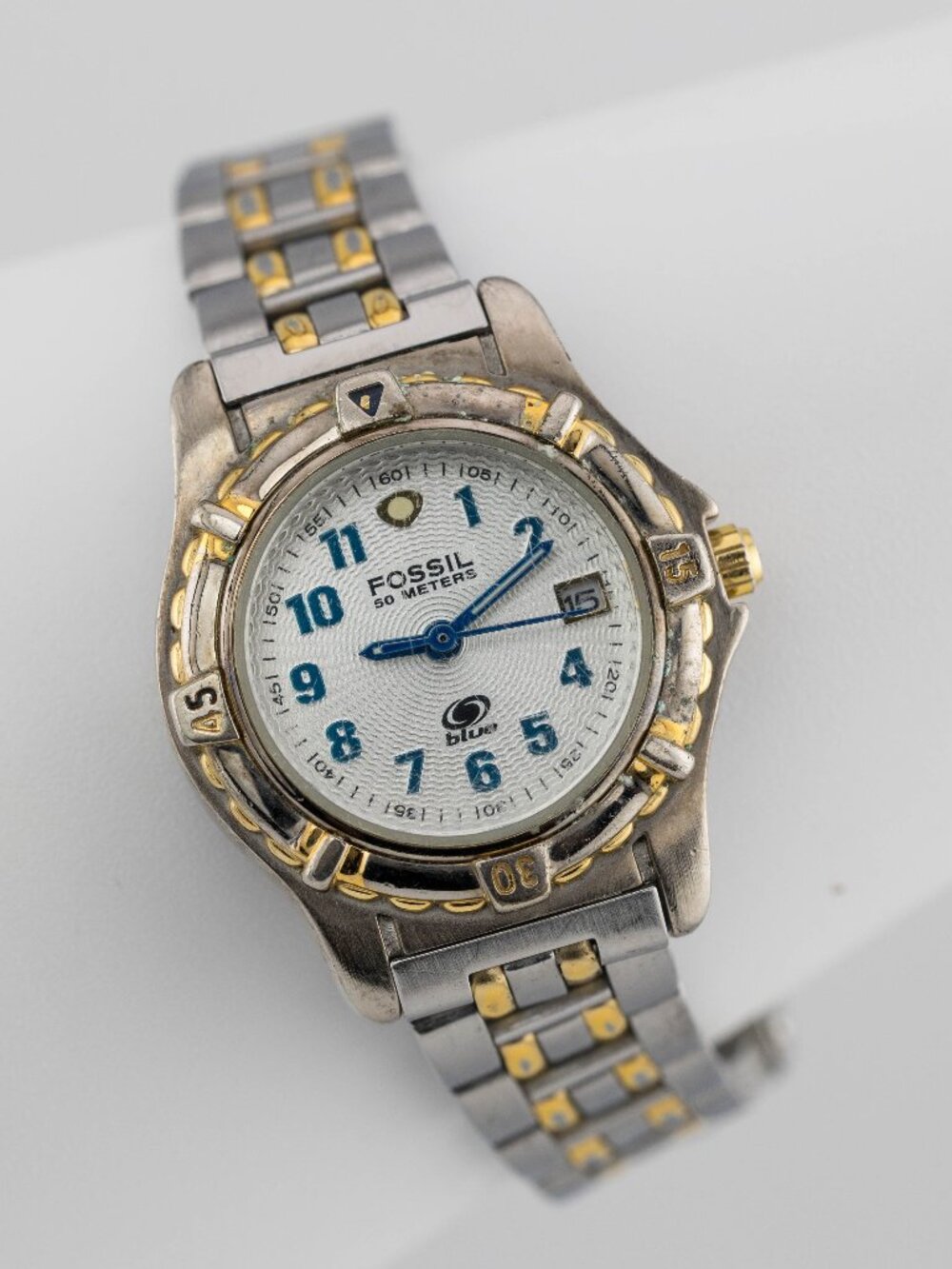 Fossil AM3049 Women's Two Tone Blue Dial Date Quartz Analog Watch Fresh Battery
